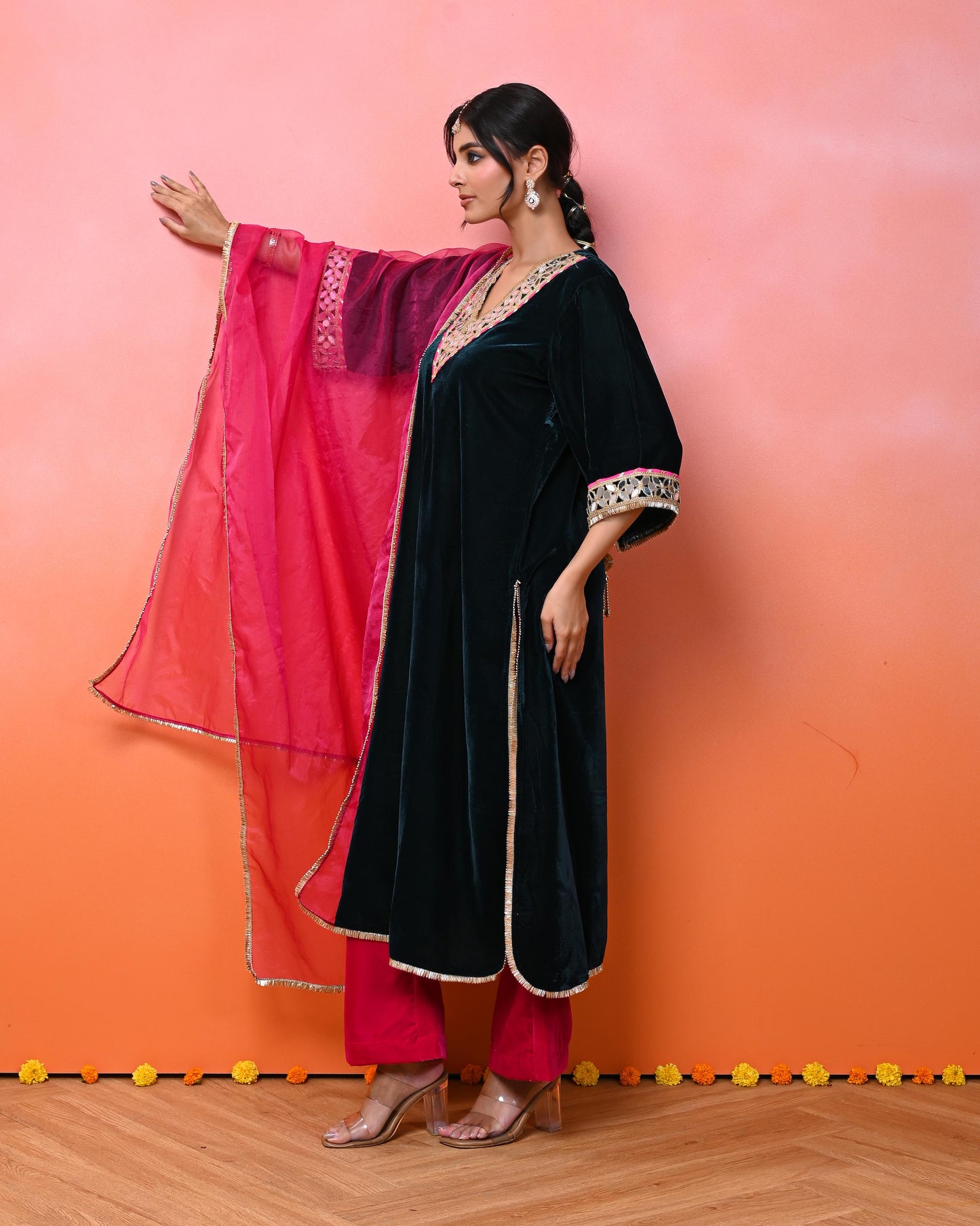 Israt Aaina Green Velvet Kurta Set