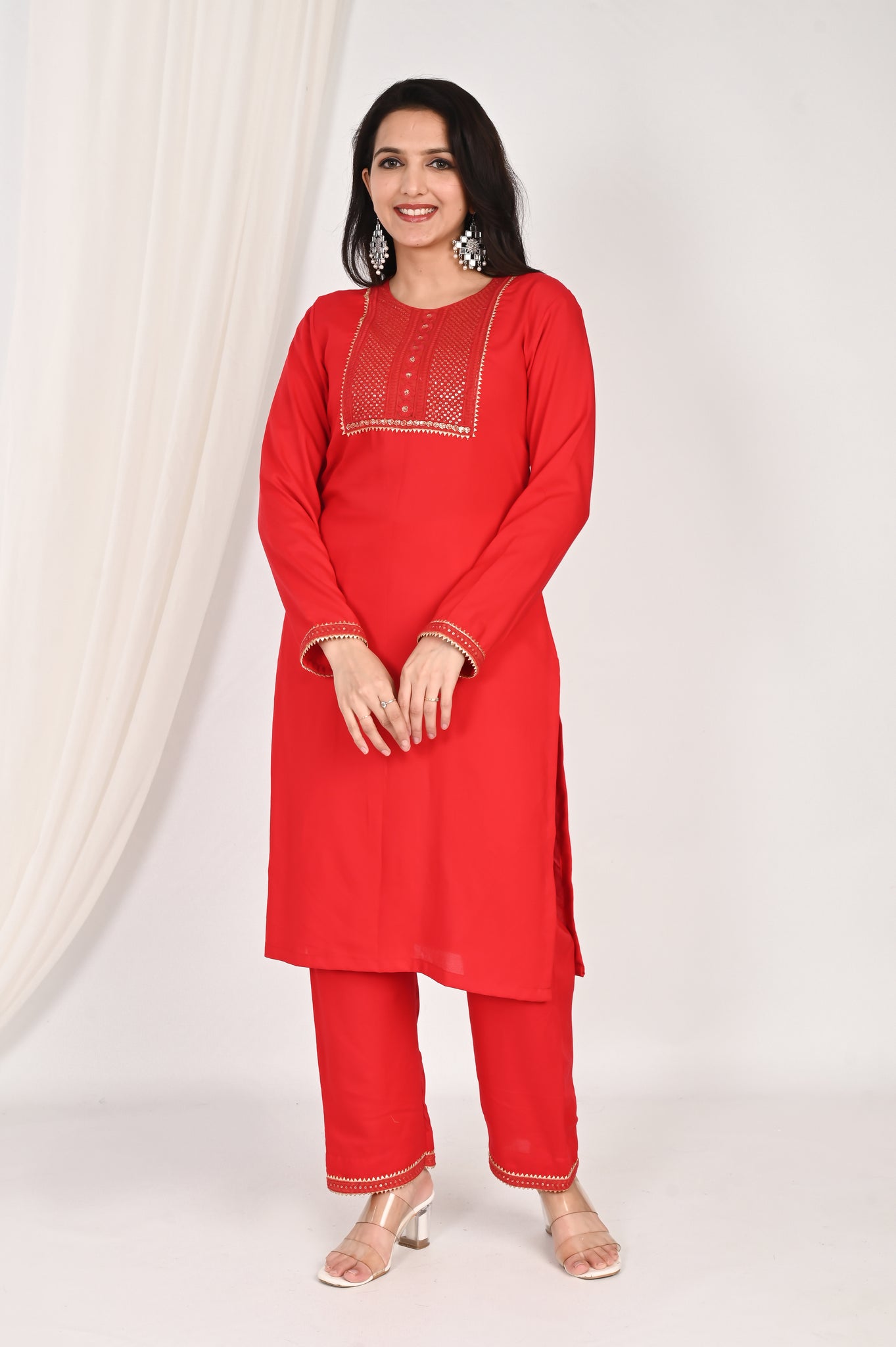 Red embroidered kurta set