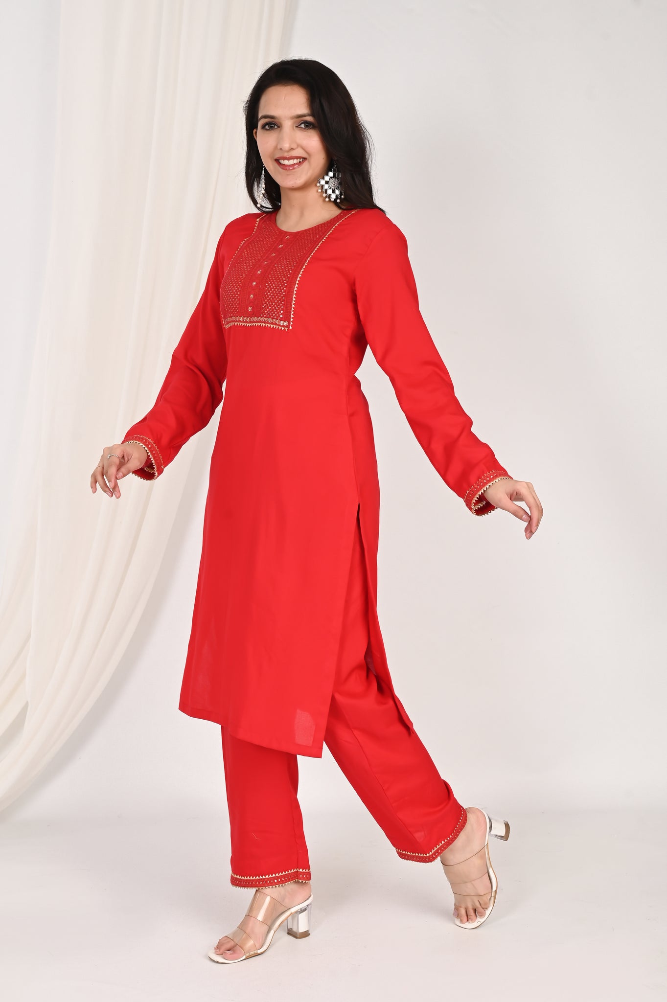 Red embroidered kurta set