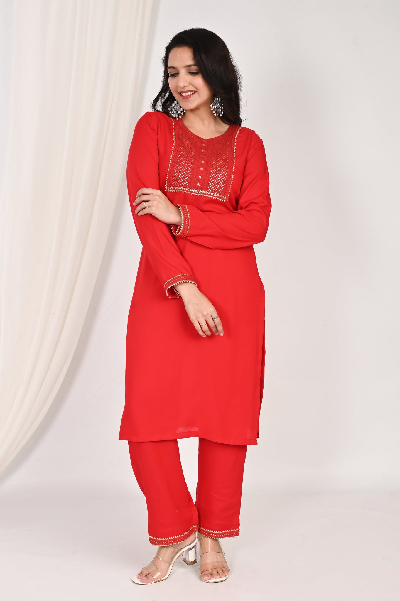 Red embroidered kurta set