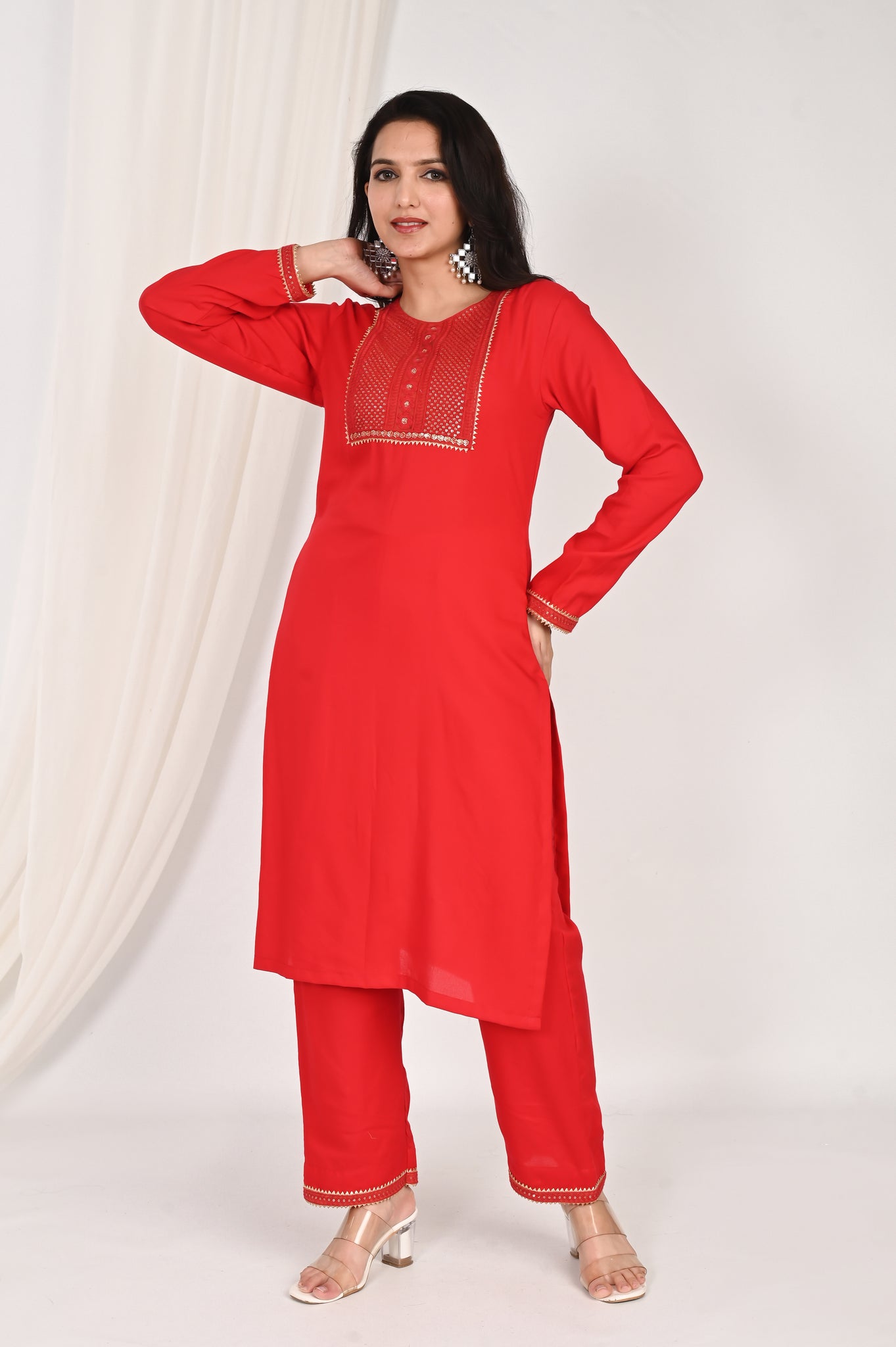 Red embroidered kurta set