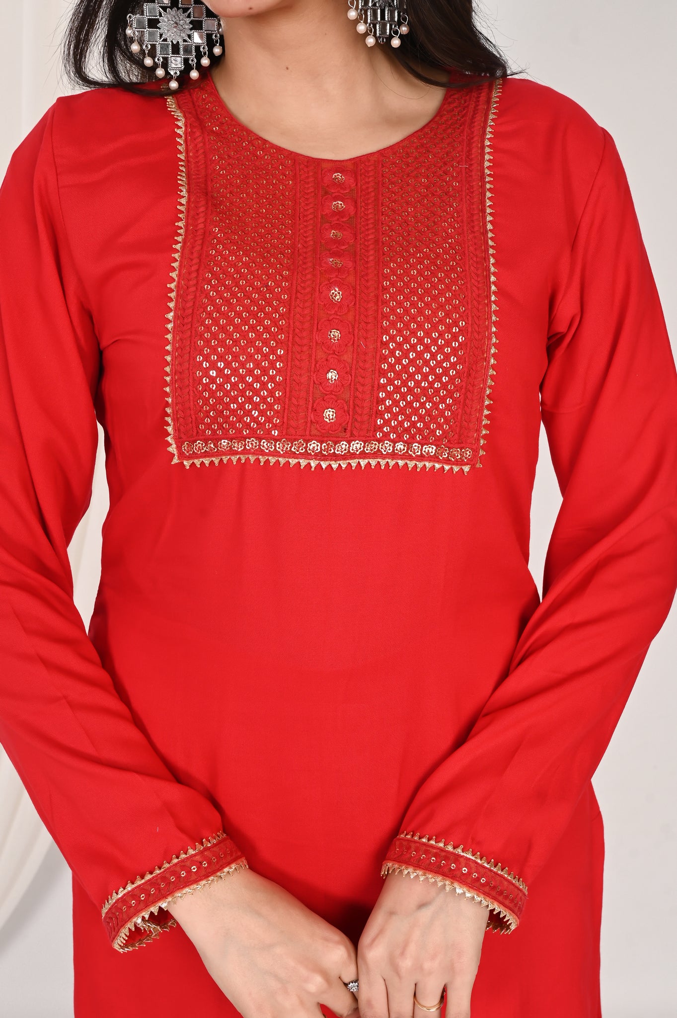 Red embroidered kurta set